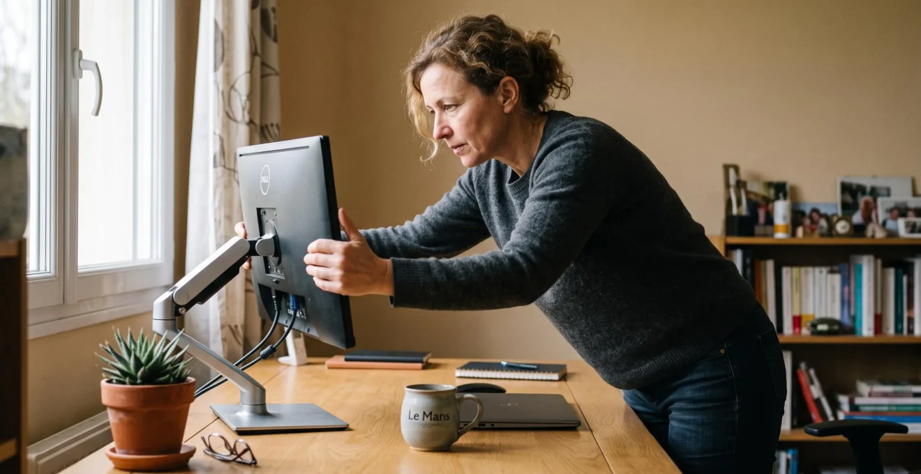 Person actively adjusting computer monitor height while standing at a home office desk