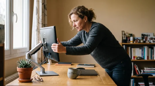 Person actively adjusting computer monitor height while standing at a home office desk