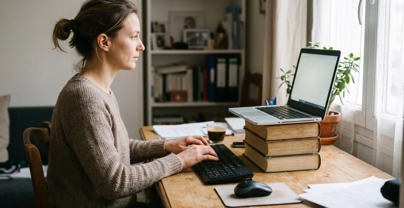 Laptop elevated on stand with external keyboard and mouse on home office desk in use