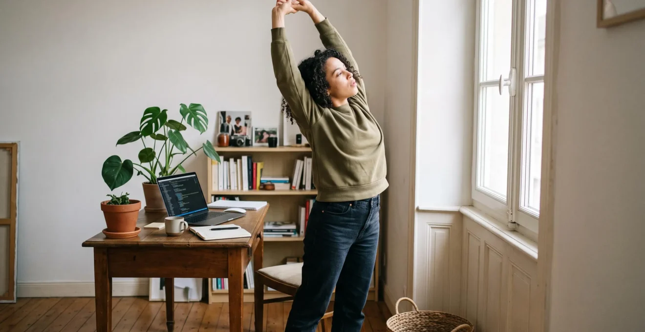 Person standing and stretching arms above head next to home office workspace