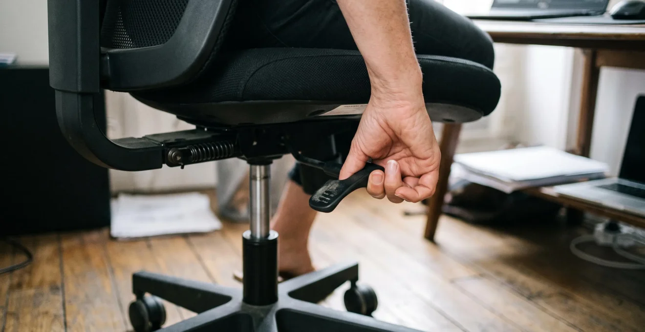 Hand adjusting the height lever mechanism underneath an office chair